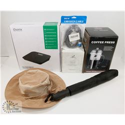 BOX INCL COFFEE PRESS, OIL DIFFUSER, SUN HAT,