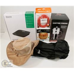 BOX INCL COFFEE PRESS, OIL DIFFUSER, SUN HAT,