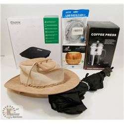 BOX INCL COFFEE PRESS, OIL DIFFUSER, SUN HAT,