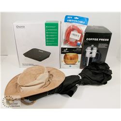 BOX INCL COFFEE PRESS, OIL DIFFUSER, SUN HAT,