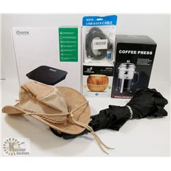 BOX INCL COFFEE PRESS, OIL DIFFUSER, SUN HAT,