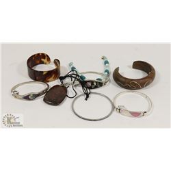 BAG OF WOOD & STERLING BRACELETS & 1 NECKLACE.