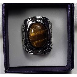 4)  OVAL TIGERS EYE STATEMENT RING SET IN
