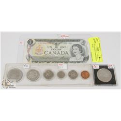 LOT OF 1973 CANADA CURRENCY, $1 BILL, COINS SET,