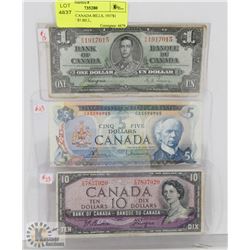 LOT OF 3 CANADA BILLS, 1937$1 BILL, 1972 $5 BILL,