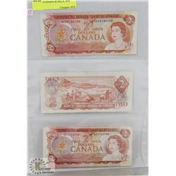 LOT OF 3 CANADA $2 BILLS, 1974