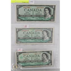 LOT OF 3 CANADA $1 BILLS, 1954,1967