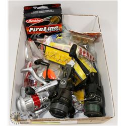 BOX W/3 FISHING REELS AND NEW TACKLE &