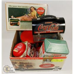 BOX WITH 7 VINTAGE COCA COLA ITEMS -  LUNCH BOX