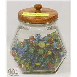 GLASS CANNISTER W/VINTAGE MARBLES. COLLECTIBLES