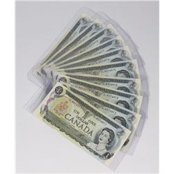 LOT OF 10 - 1973 CANADIAN CONSECUTIVE SERIAL $1