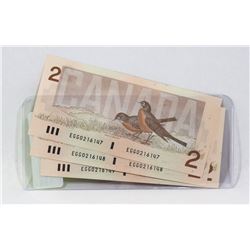 3 CANADIAN UNC 1986 ROBIN 2 DOLLAR BILLS CONS S/N