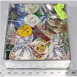 TIN WITH ASSORTED VINTAGE PIN BACKS.