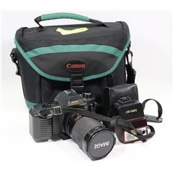 CANON T50 FILM CAMERA WITH FLASH AND CASE.