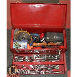 LARGE RED METAL TOOL BOX W/ TOOLS