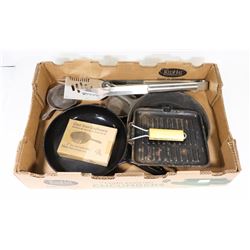BOX W/6 CAST IRON PANS & 3-PC BBQ SET -