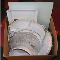 BOX OF ESTATE SERVINGWARE , CRYSTAL , GLASS AND