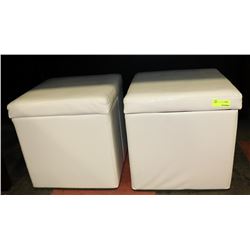 PAIR OF WHITE LEATHERETTE STORAGE STOOLS