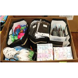 BOX WITH DOLLAR STORE SCISSORS, BELTS, BAGS AND