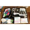 Image 1 : BOX WITH DOLLAR STORE SCISSORS, BELTS, BAGS AND