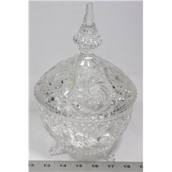 PINWHEEL CRYSTAL FOOTED LIDDED CANDY DISH.