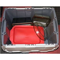 TOTE OF PYREX CASSEROLE DISHES AND MORE
