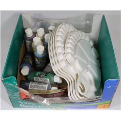 BOX OF ART SUPPLIES, PAINT AND PALETTES