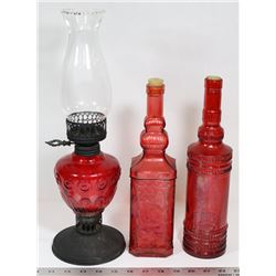 FLAT WITH 2 SPANISH DECANTERS AND OIL LAMP.