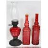 Image 1 : FLAT WITH 2 SPANISH DECANTERS AND OIL LAMP.
