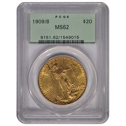 1909/8 $20 St Gaudens Double Eagle Gold Coin PCGS MS62