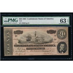 1864 $20 Confederate States of America Note PMG 63