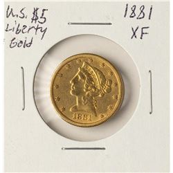 1881 $5 Liberty Head Half Eagle Gold Coin