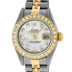 Rolex Ladies Quickset 2 Tone Mother Of Pearl Diamond Datejust Wristwatch
