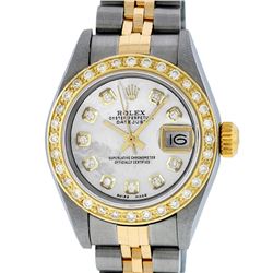 Rolex Ladies Quickset 2 Tone Mother Of Pearl Diamond Datejust Wristwatch