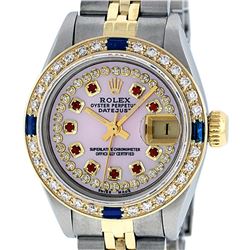 Rolex Ladies 2 Tone 14K Pink MOP Ruby & Sapphire Datejust Wriswatch