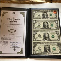2009 Uncut Sheet of 4 1 Dollar US Bills in Leather Binder with COA