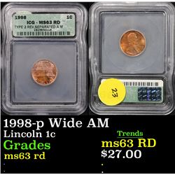 1998-p Wide AM Lincoln Cent 1c Graded  Select Unc RD By ICG