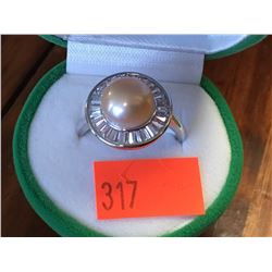 SILVER PEARL CZ RING