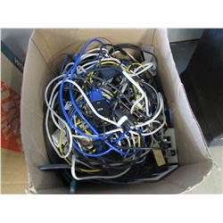 BOX OF POWER BARS, POWER CORDS, HDMI CORDS & ASSORTED CABLES