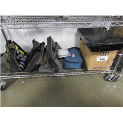 VEHICLE EMERGENCY ROAD SIDE KITS, BOX OF ASSORTED CABLES, CORDS, HDMI DVD PLAYER, ETC