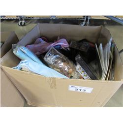 BOX OF BABY ITEMS, LINEN, JEWELRY ORGANIZERS, ASSORTED HOUSEHOLD ITEMS