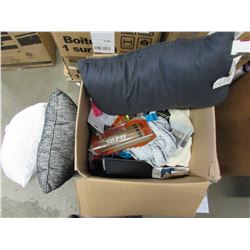 BOX OF THROW PILLOWS, LINEN, WATER FILTERS, HOUSEHOLD ITEMS, MISC