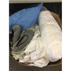 BOX OF PILLOWS, SLIPPERS, CURTAIN PANELS & ASSORTED LINEN