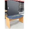 Image 1 : Wood w/ Blue Top Desk & Black Backboard 60"L x 20"D x 31"H; Backboard: 77"H
