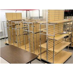 Qty 4 Slatwall Panel Wood & Chrome Adjustable Display Shelf Racks, Qty 2, 50.5"L x 39"D x 81"H; Qty 