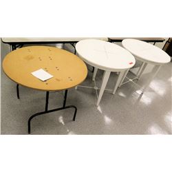 Qty 2 White Wood Round Tables & 1 Round Folding Table, White: 36" Diameter, 31"H; Folding: 36" Diame