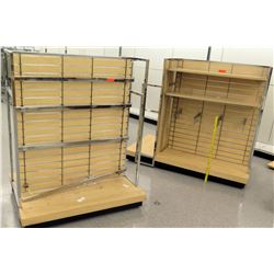 Qty 2 Slatwall Panel Wood & Chrome Adjustable Display Shelf Racks 50.5"L x 39"D x 62.5"H; 69"L x 39"