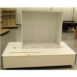 White Display on Rectangle White Base, Base: 84"L x 48"W x 18"H; Display: 50.5"L x 25"D x 48.5"H