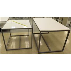 Qty 2 White & Metal Tables, 1 piece, 42"L x 36"W x 32"H; 1 piece, 60"L x 36"W x 33.5"H