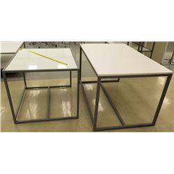 Qty 2 White & Metal Tables, 1 piece, 42"L x 36"W x 32"H; 1 piece, 60"L x 36"W x 33.5"H